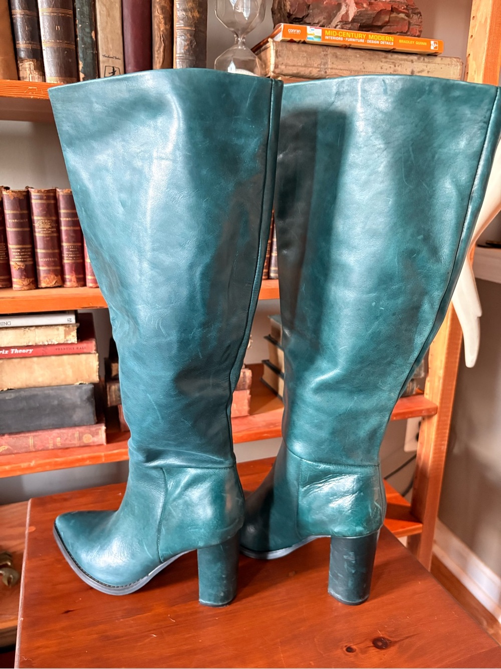 Nine West Teal/Green Knee-High Leather Boots with Block Heel - Picture 4 of 13